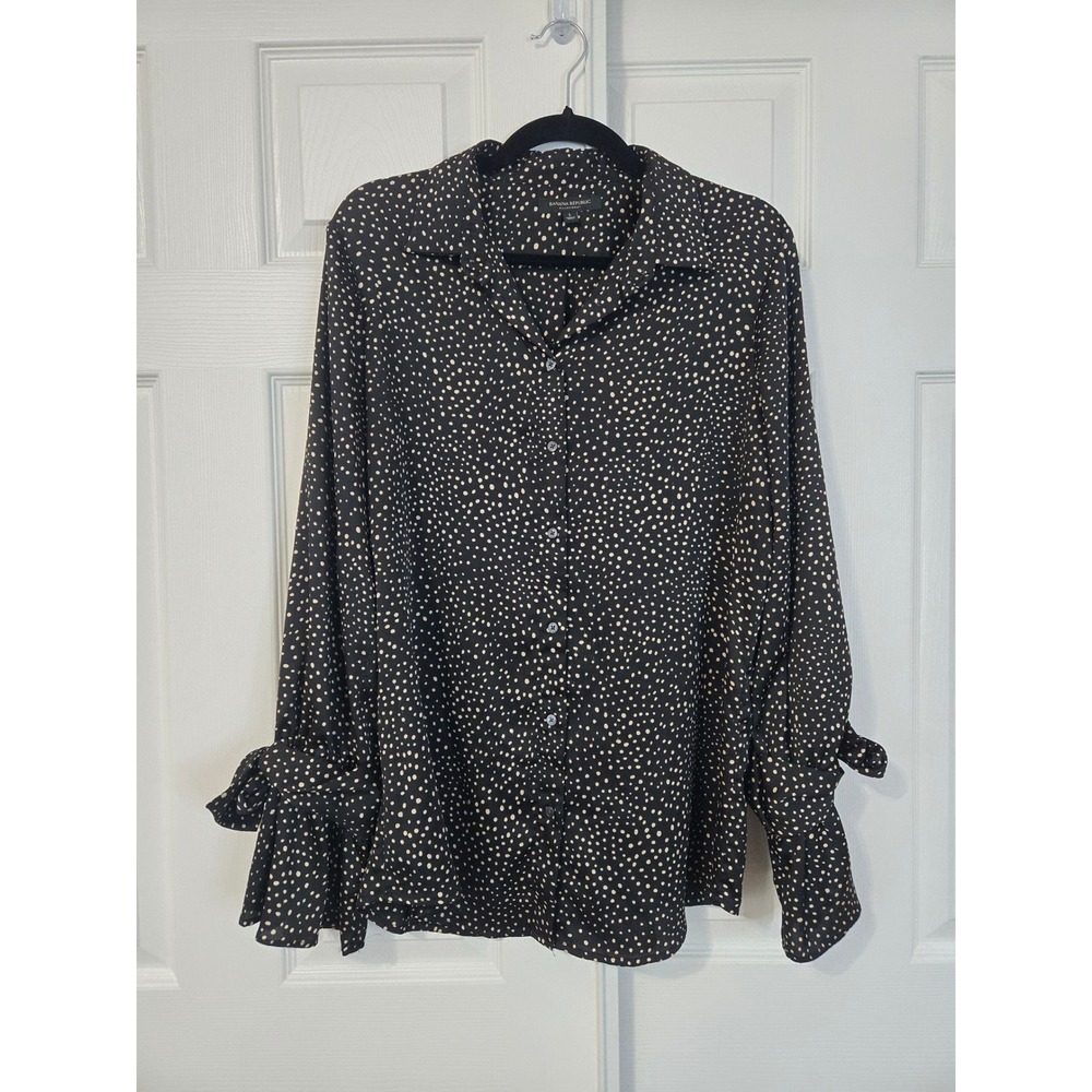 Banana Republic Dillon Shirt Polka Dot Tie Cuff Button Down Blouse Black L - Picture 1 of 7